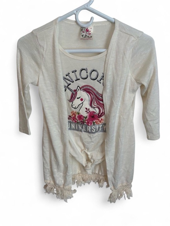 Jenna & Jessie Other - Girls Cream Unicorn Graphic Long Sleeve Top with Fringe Hem